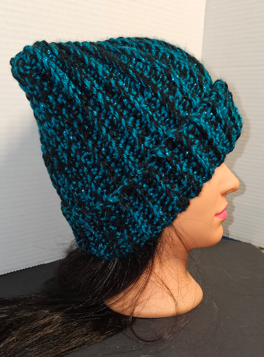 TEAL SPARKLE & BLACK CAT EAR BEANIE