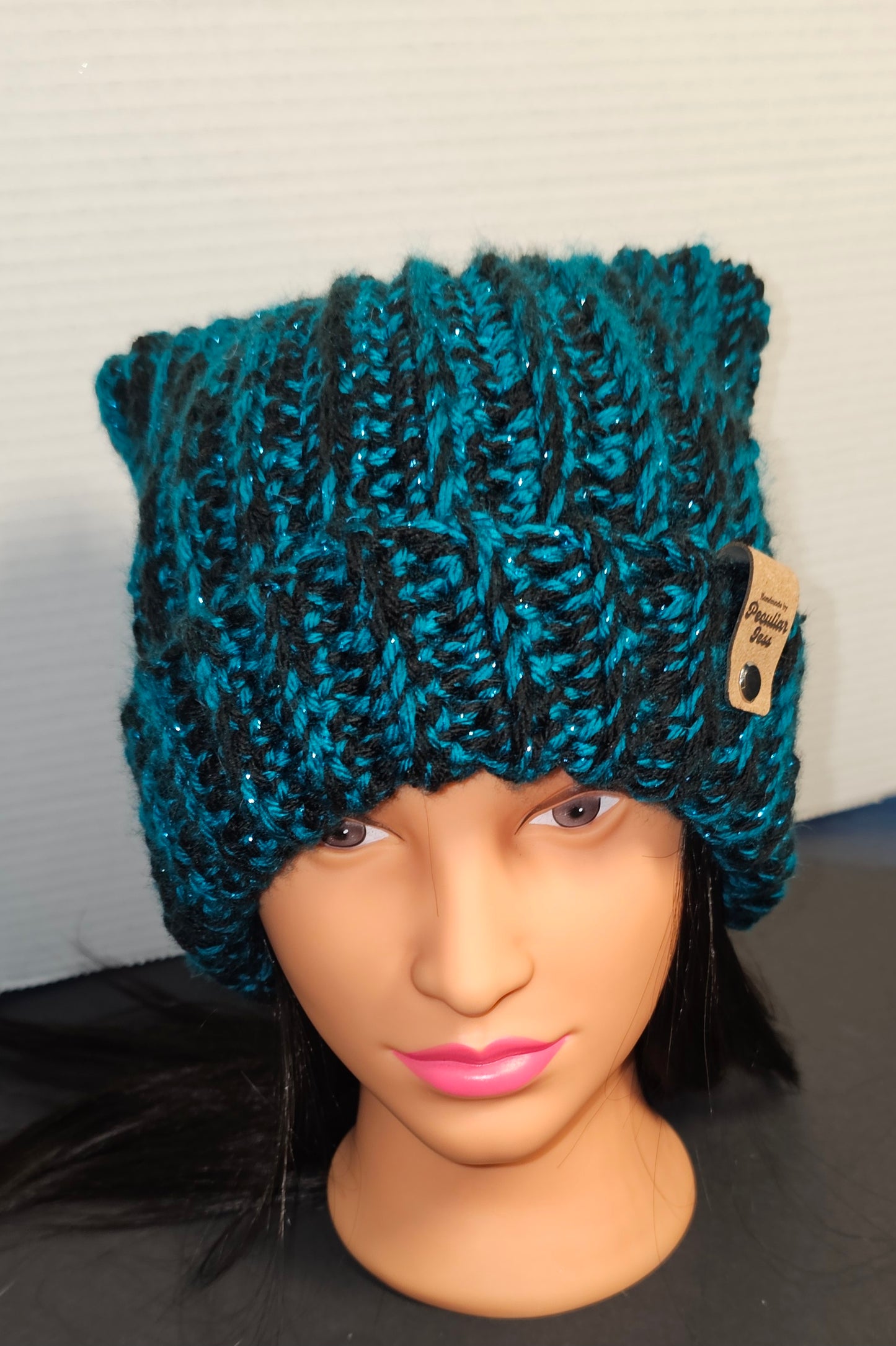 TEAL SPARKLE & BLACK CAT EAR BEANIE