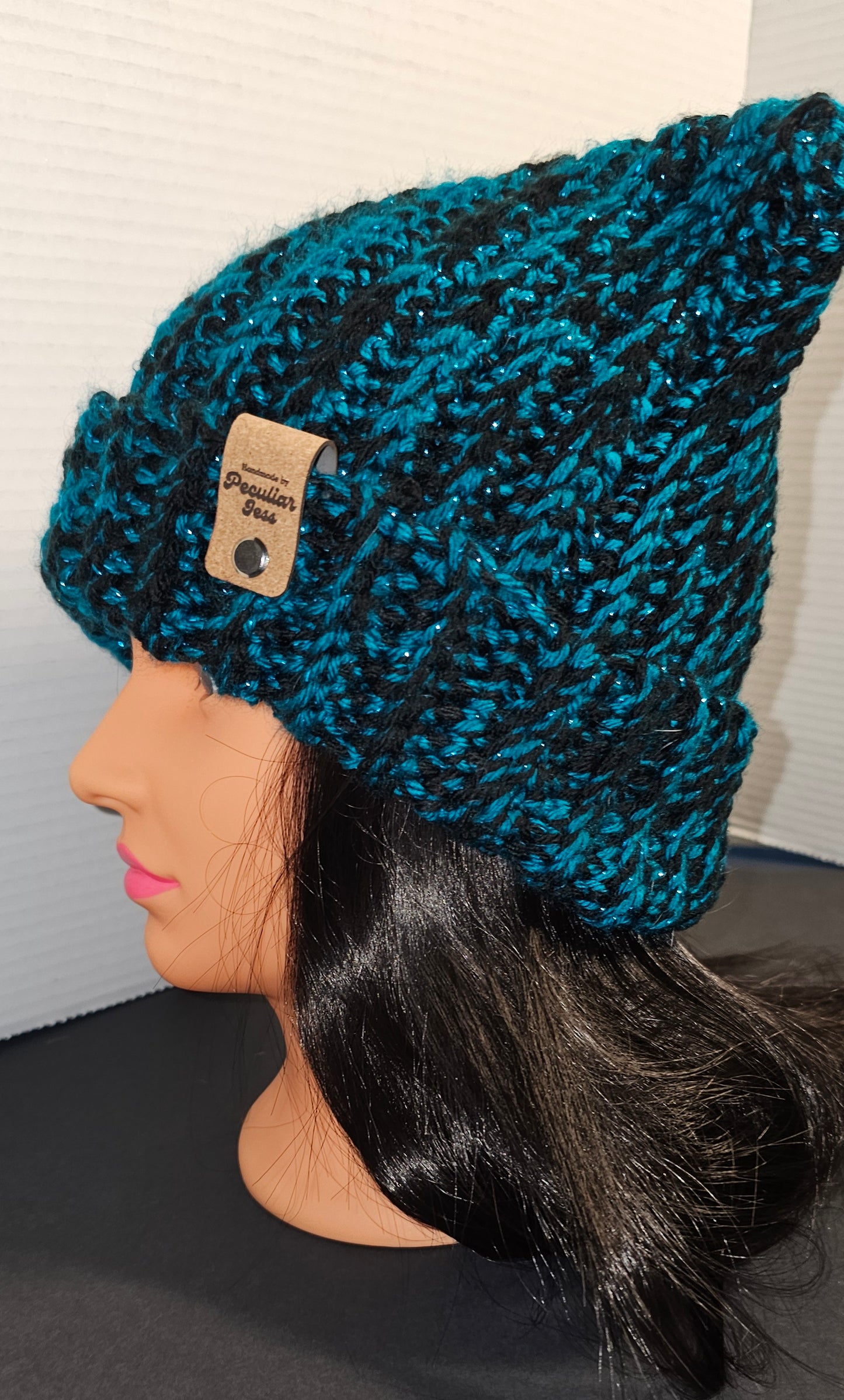TEAL SPARKLE & BLACK CAT EAR BEANIE